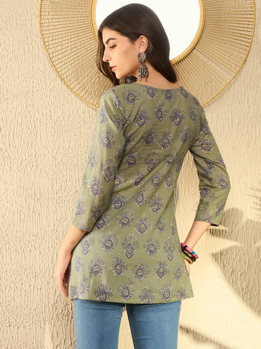 Women Green Cotton Blend Ethnic Motifs Printed Peplum Tunic