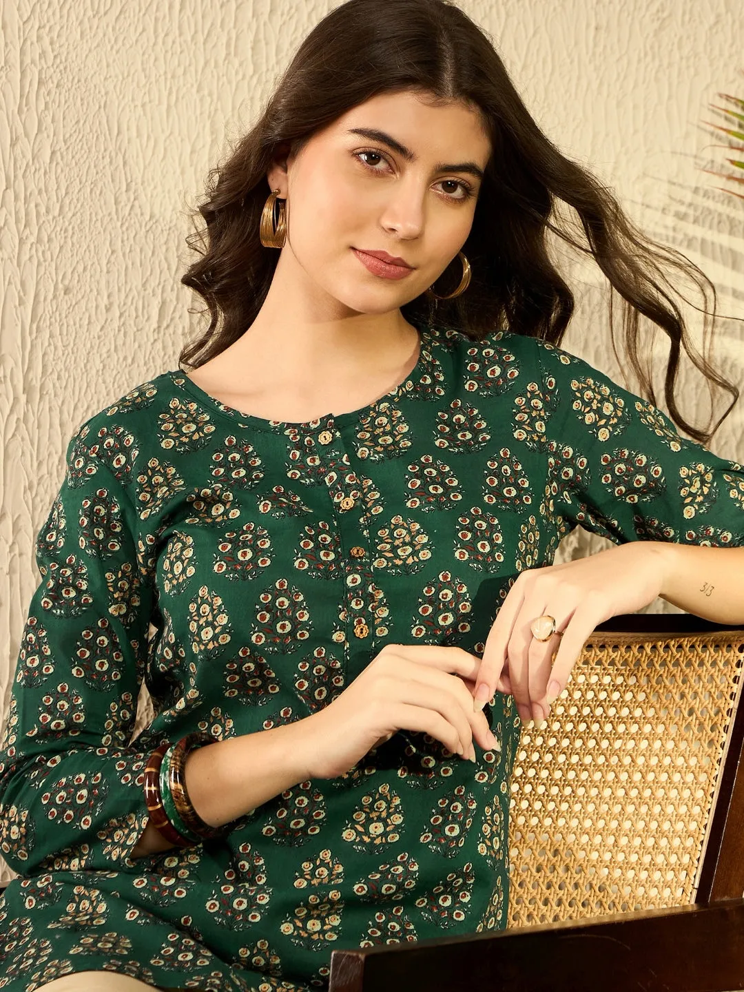 Women Green Cotton Blend Ethnic Motifs Printed Regular Tunic