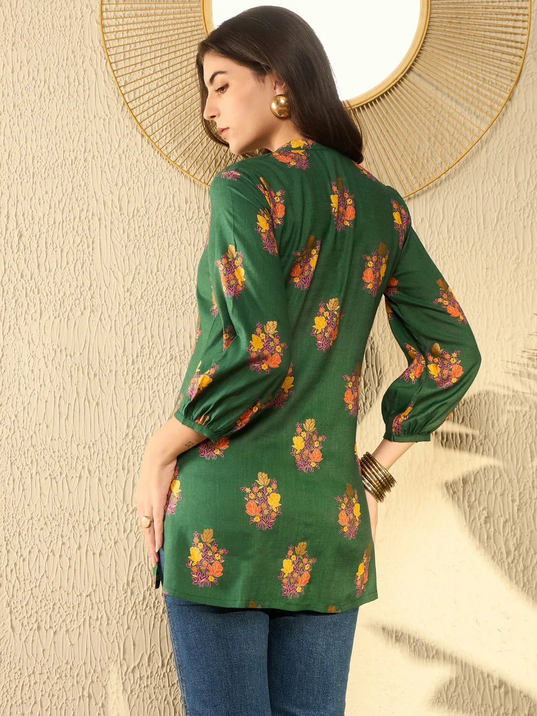 Women Green Cotton Blend Floral Printed Regular Tunic