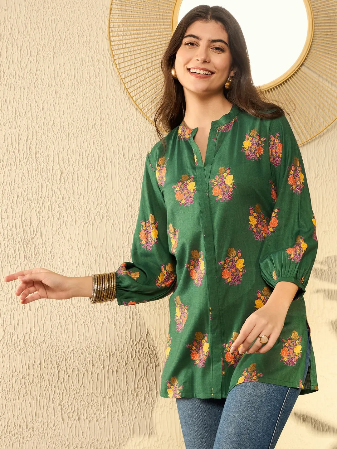 Women Green Cotton Blend Floral Printed Regular Tunic