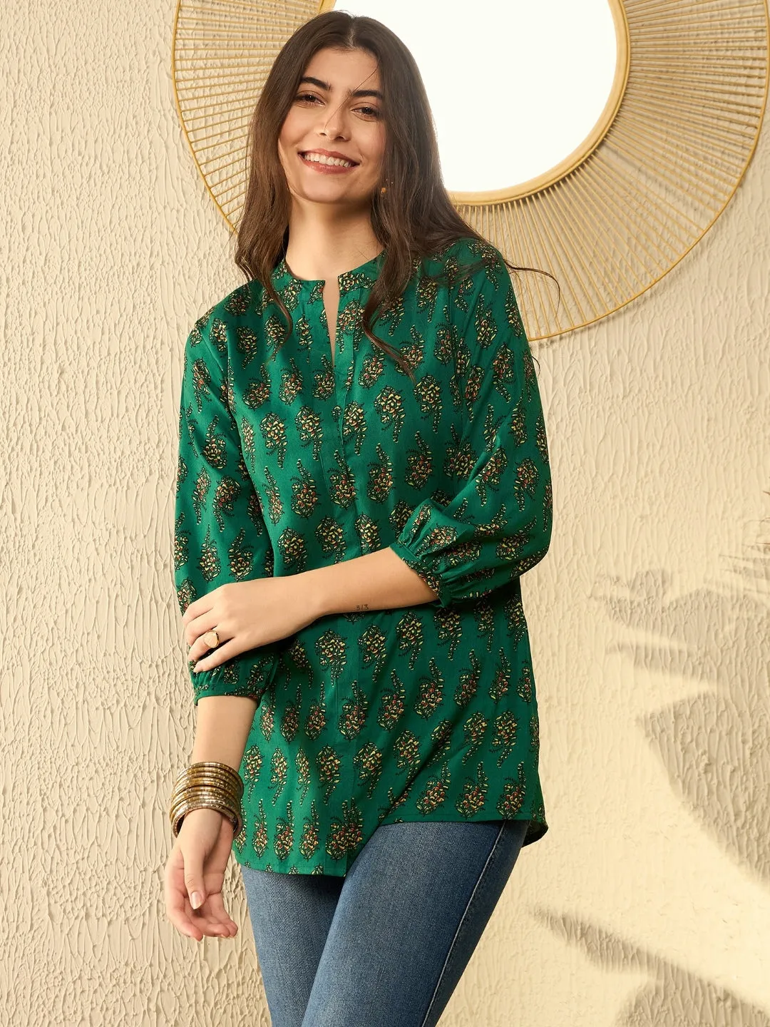 Women Green Rayon Blend Floral Printed Regular Tunic