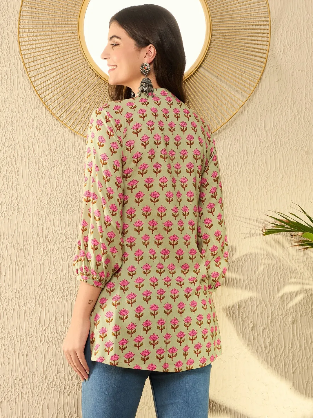 Women Green Viscose Rayon Floral Printed Regular Tunic