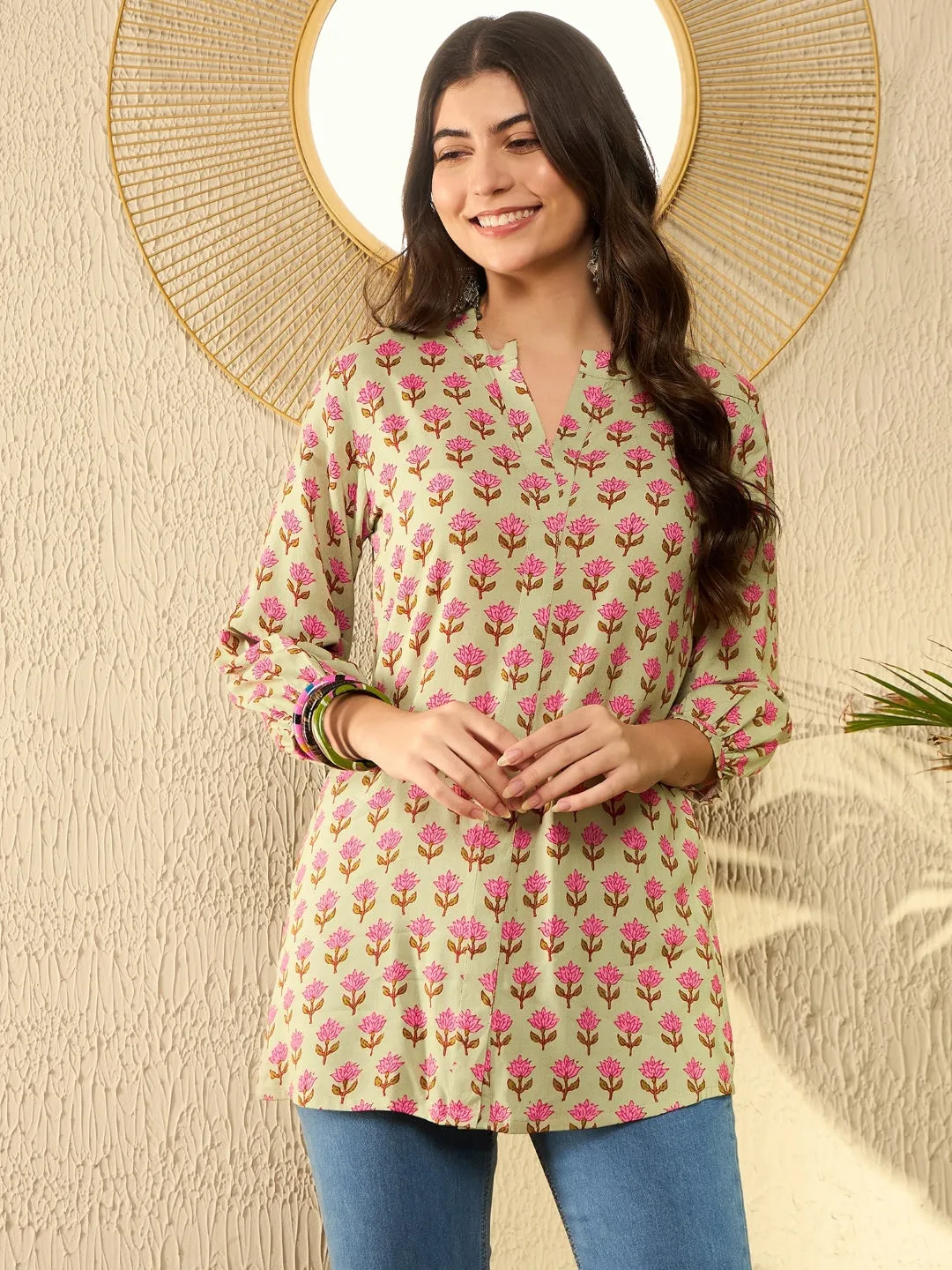 Women Green Viscose Rayon Floral Printed Regular Tunic