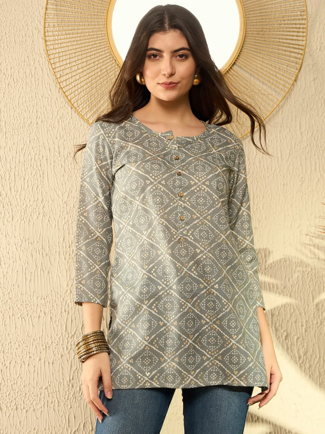 Women Grey Cotton Blend Bandhani Printed Regular Tunic