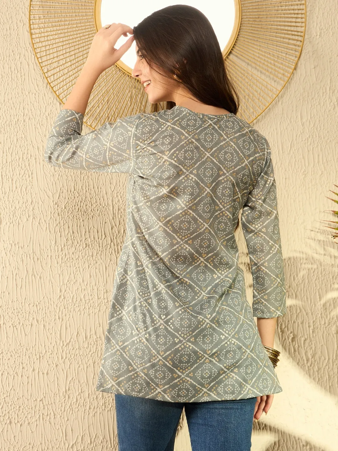 Women Grey Cotton Blend Bandhani Printed Regular Tunic