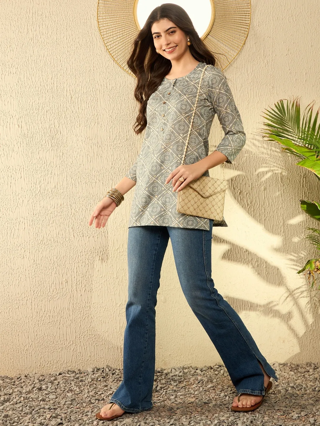 Women Grey Cotton Blend Bandhani Printed Regular Tunic