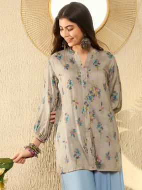 Women Grey Poly Rayon Floral Printed Regular Tunic