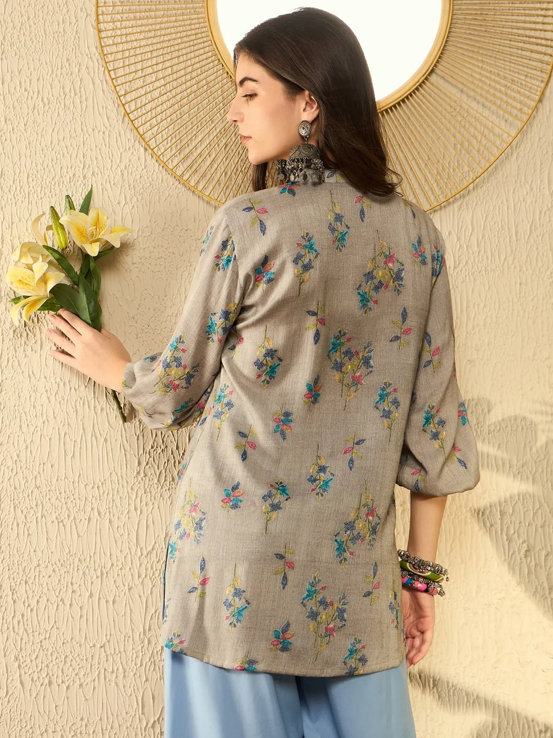 Women Grey Poly Rayon Floral Printed Regular Tunic