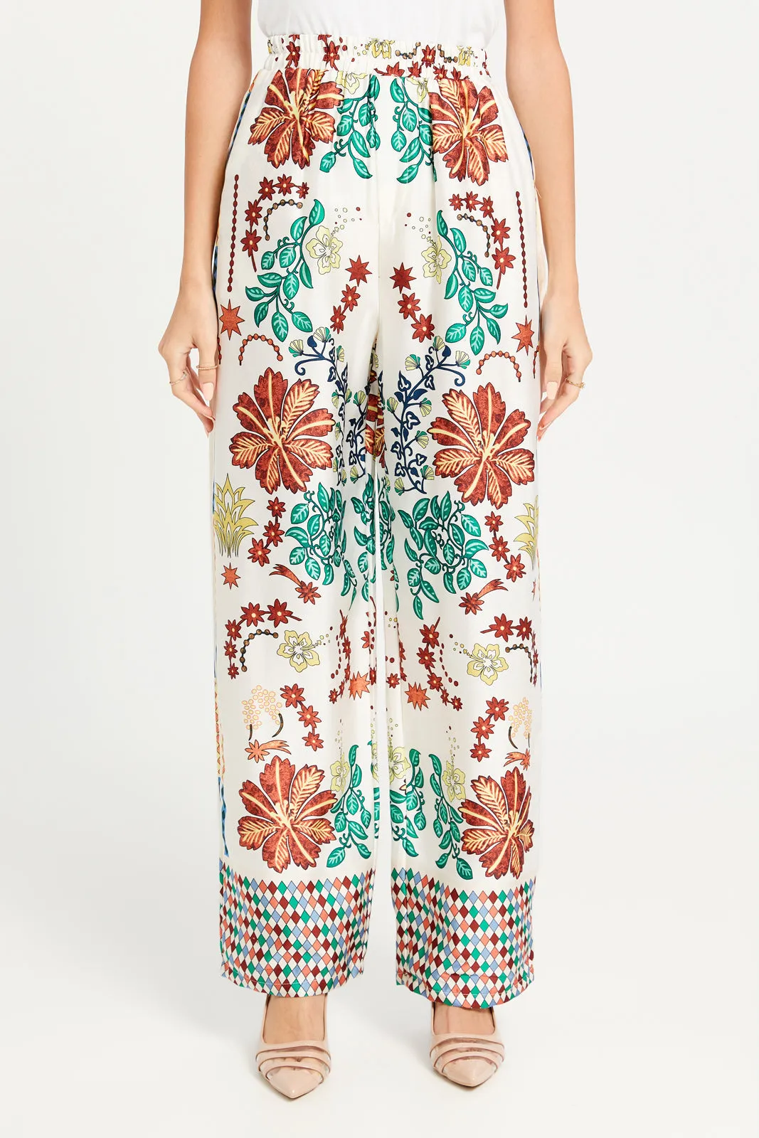 Women Ivory Printed Wide Leg Trousers