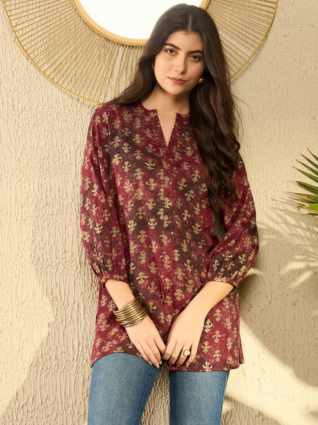 Women Maroon Cotton Blend Abstract Printed Regular Tunic