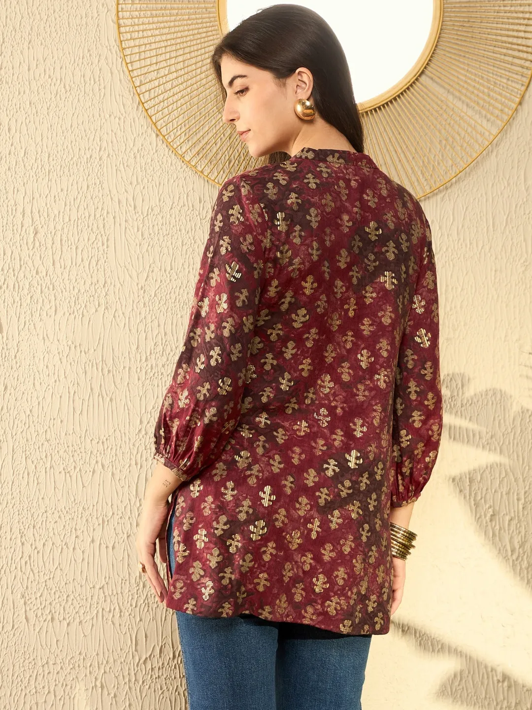 Women Maroon Cotton Blend Abstract Printed Regular Tunic