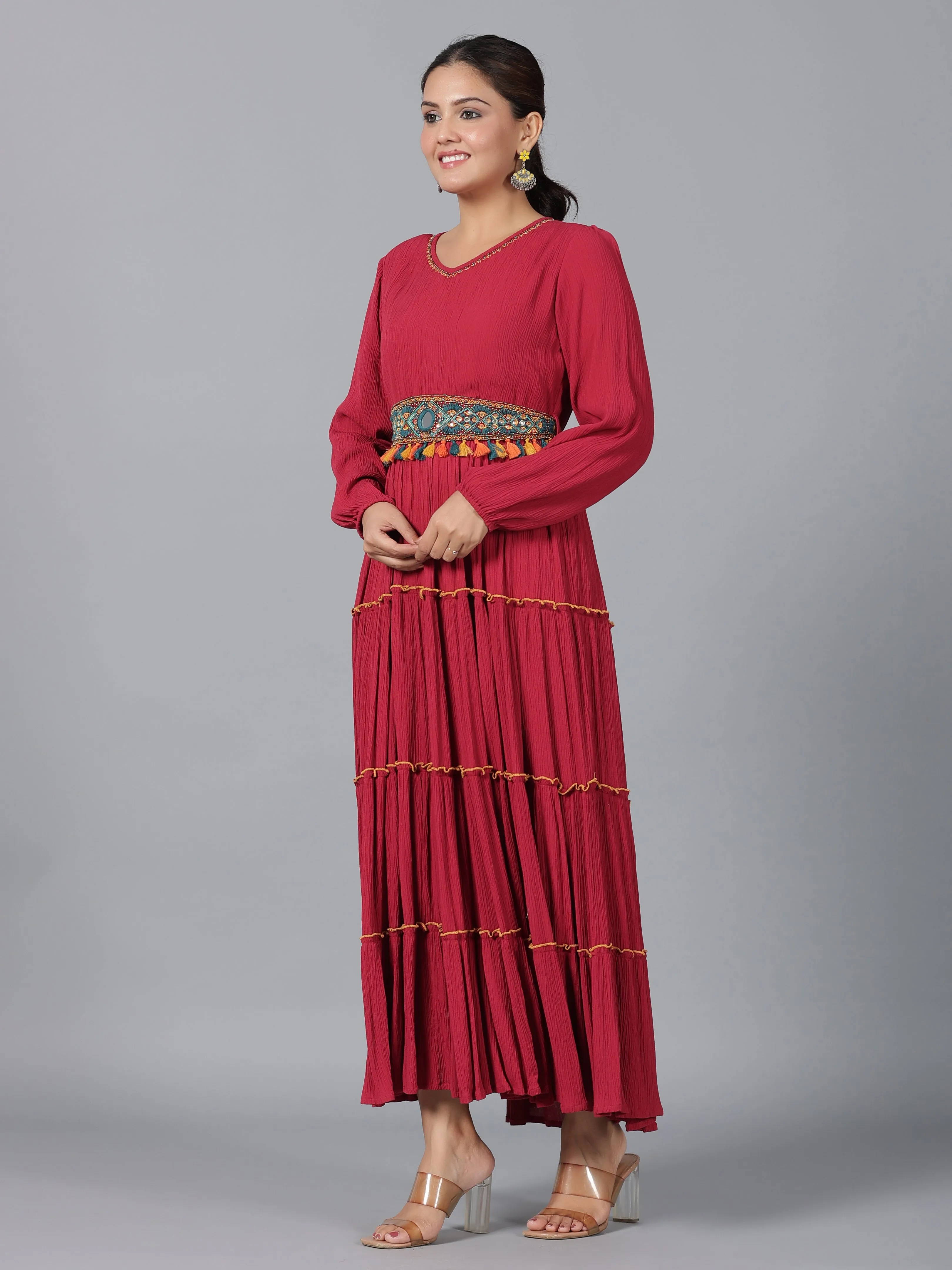 Women Maroon Rayon Crepe Tiered Maxi Dress