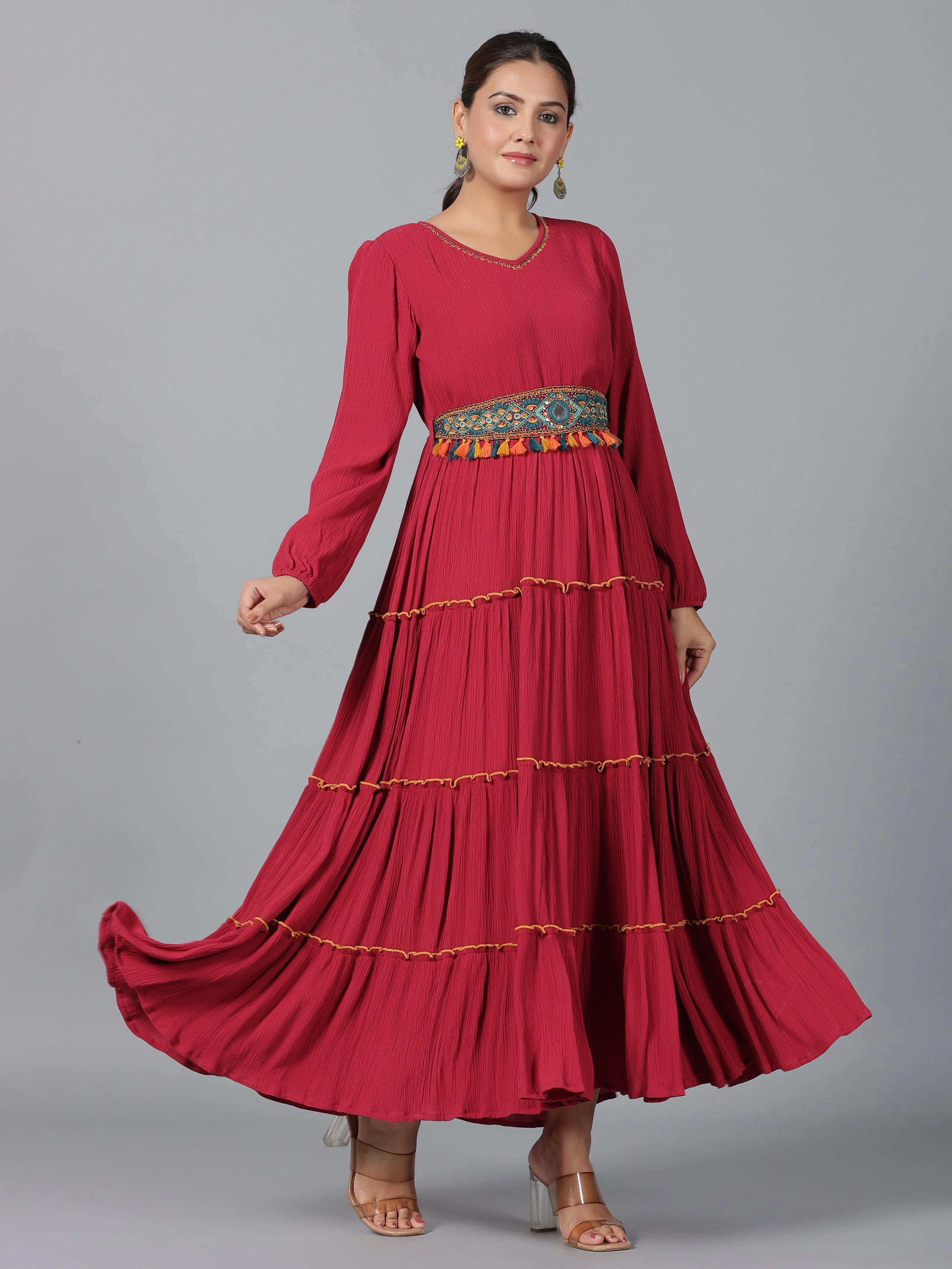 Women Maroon Rayon Crepe Tiered Maxi Dress