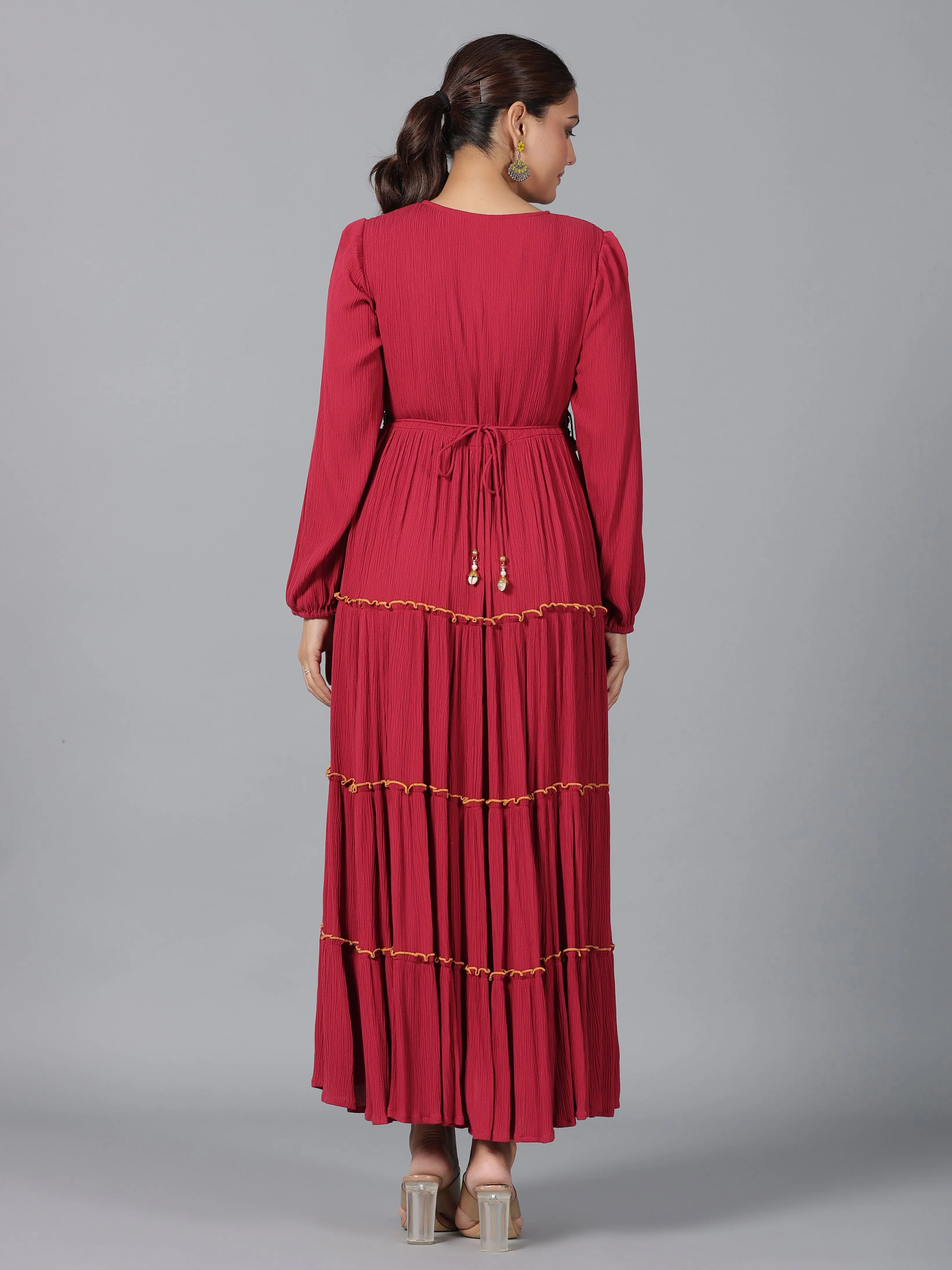 Women Maroon Rayon Crepe Tiered Maxi Dress