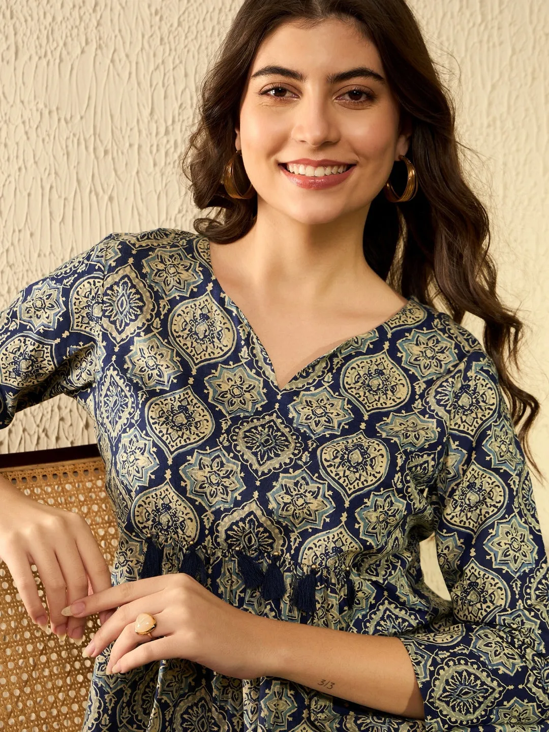 Women Navy Blue Cotton Blend Ajrakh Printed Peplum Tunic