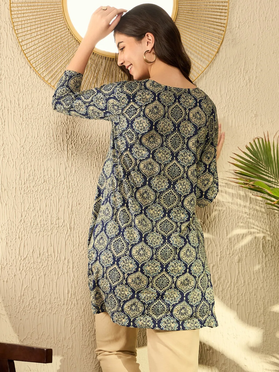 Women Navy Blue Cotton Blend Ajrakh Printed Peplum Tunic