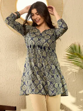 Women Navy Blue Cotton Blend Ajrakh Printed Peplum Tunic