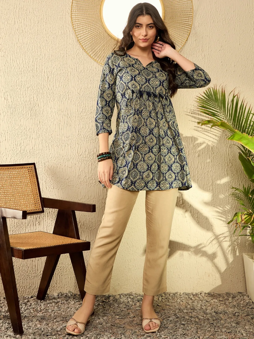 Women Navy Blue Cotton Blend Ajrakh Printed Peplum Tunic