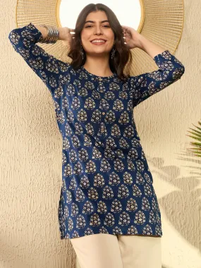 Women Navy Blue Cotton Blend Ethnic Motifs Printed Regular Tunic