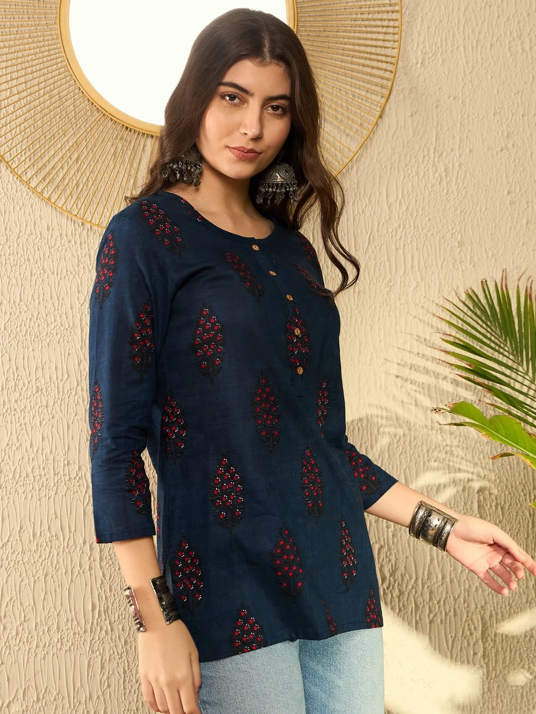 Women Navy Blue Cotton Blend Floral Printed Regular Tunic