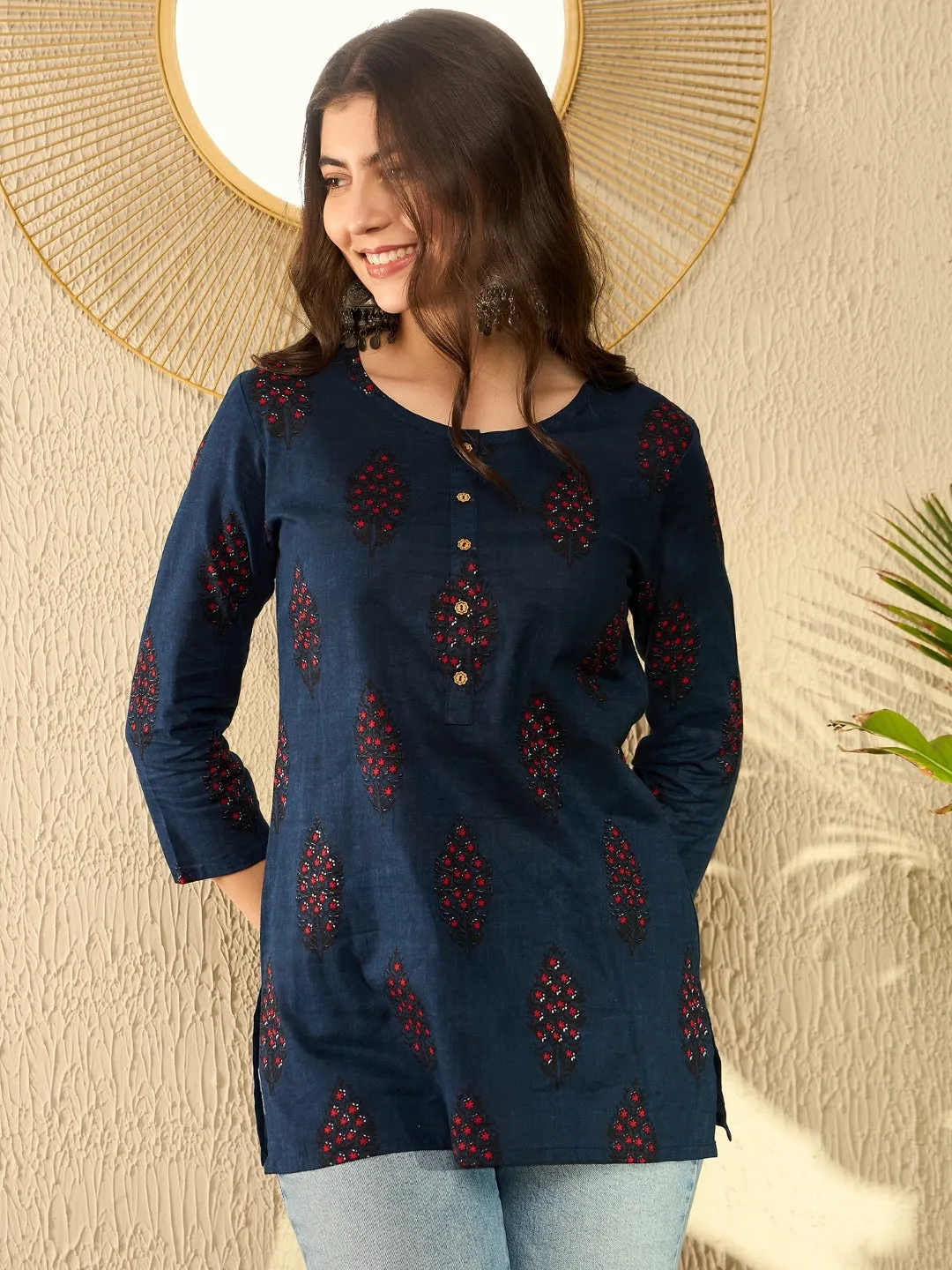 Women Navy Blue Cotton Blend Floral Printed Regular Tunic