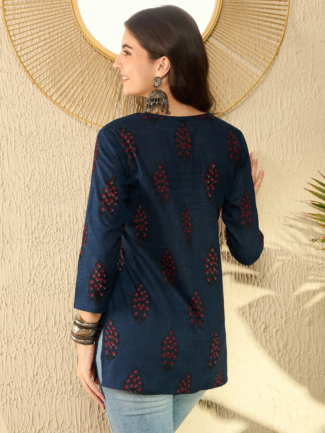 Women Navy Blue Cotton Blend Floral Printed Regular Tunic