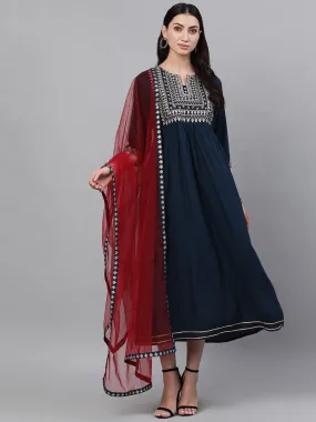 Women Navy Blue Solid Embroidered V-Neck Viscose Rayon Maxi Dress With Dupatta