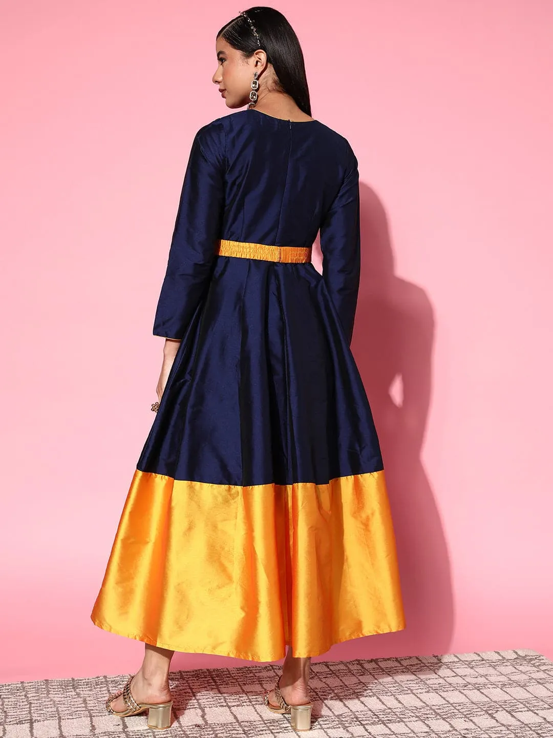 Women Navy Contrast Border Anarkali Maxi Dress