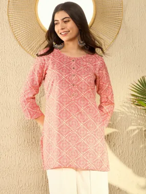 Women Peach Cotton Blend Bandhani Printed Regular Tunic