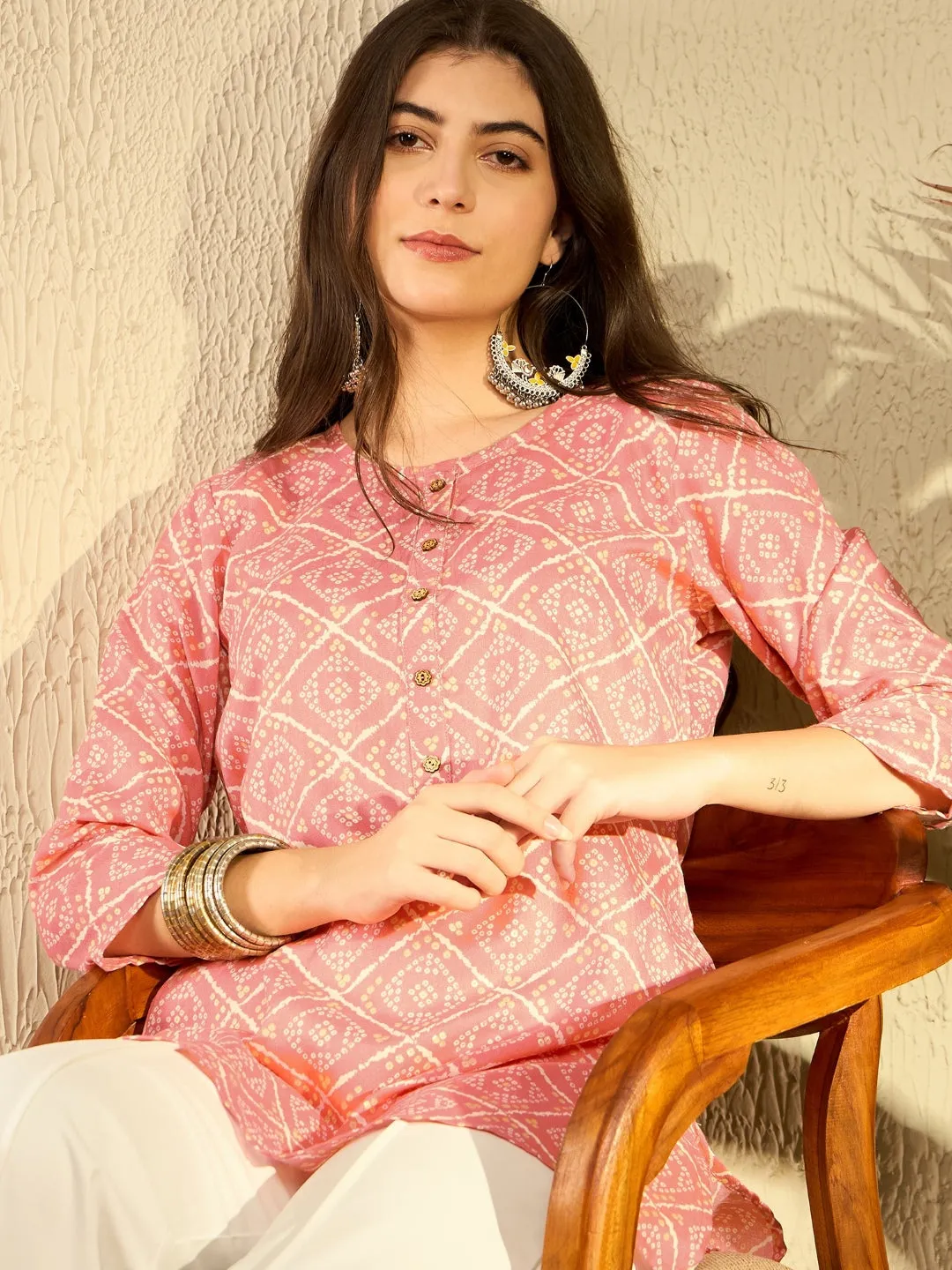 Women Peach Cotton Blend Bandhani Printed Regular Tunic