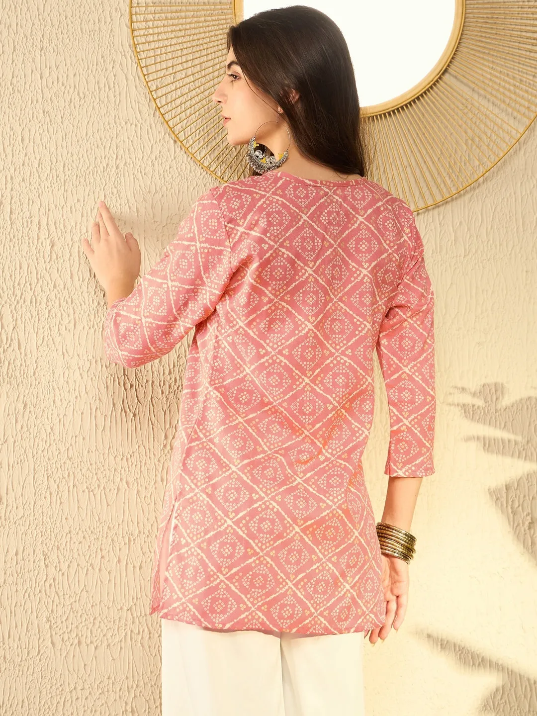 Women Peach Cotton Blend Bandhani Printed Regular Tunic