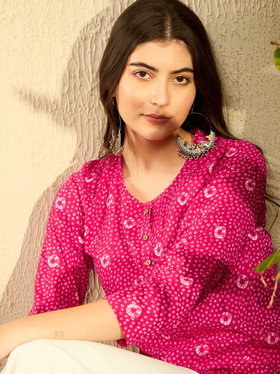 Women Pink Cotton Blend Bandhani Printed Regular Tunic