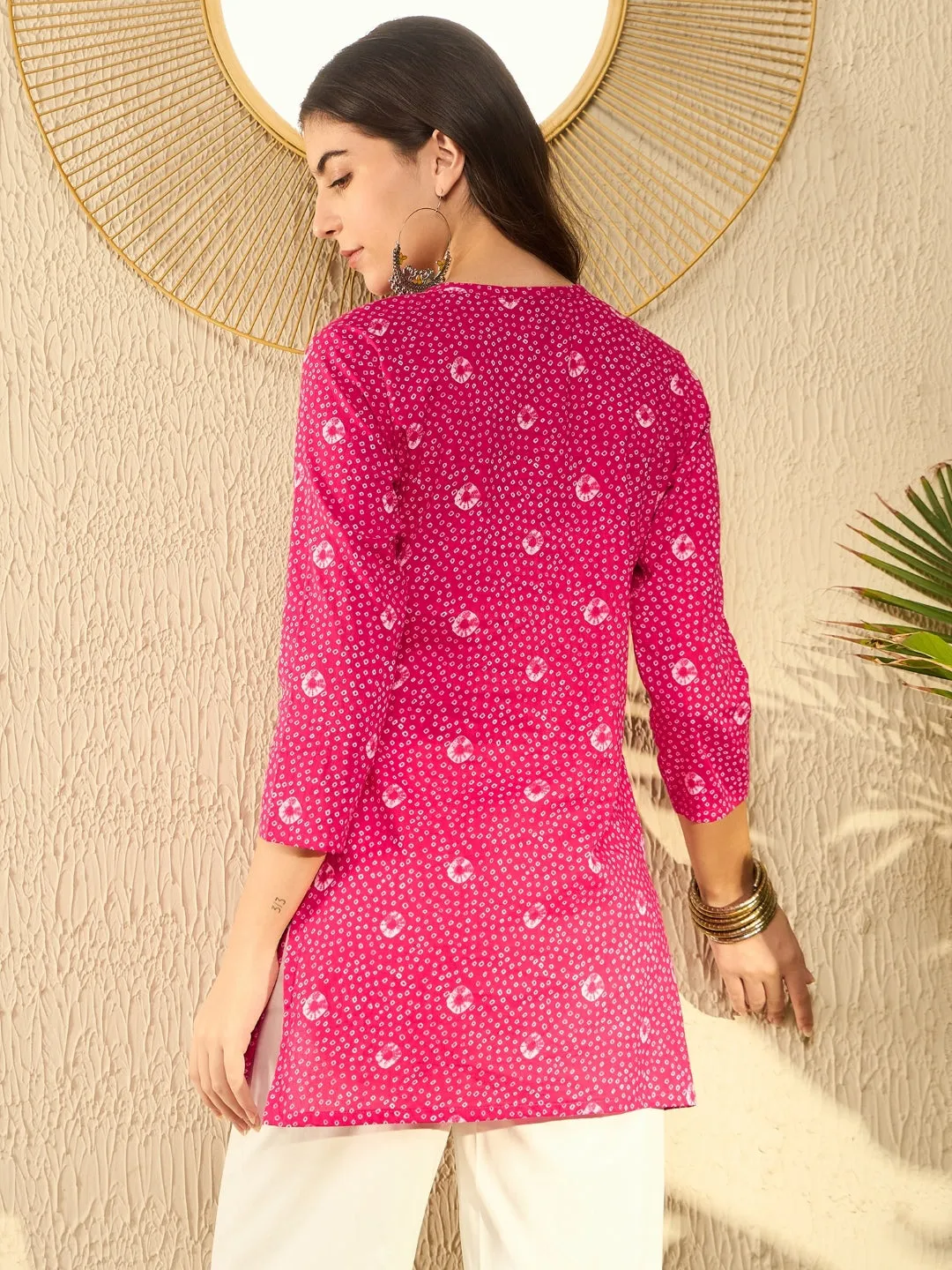 Women Pink Cotton Blend Bandhani Printed Regular Tunic