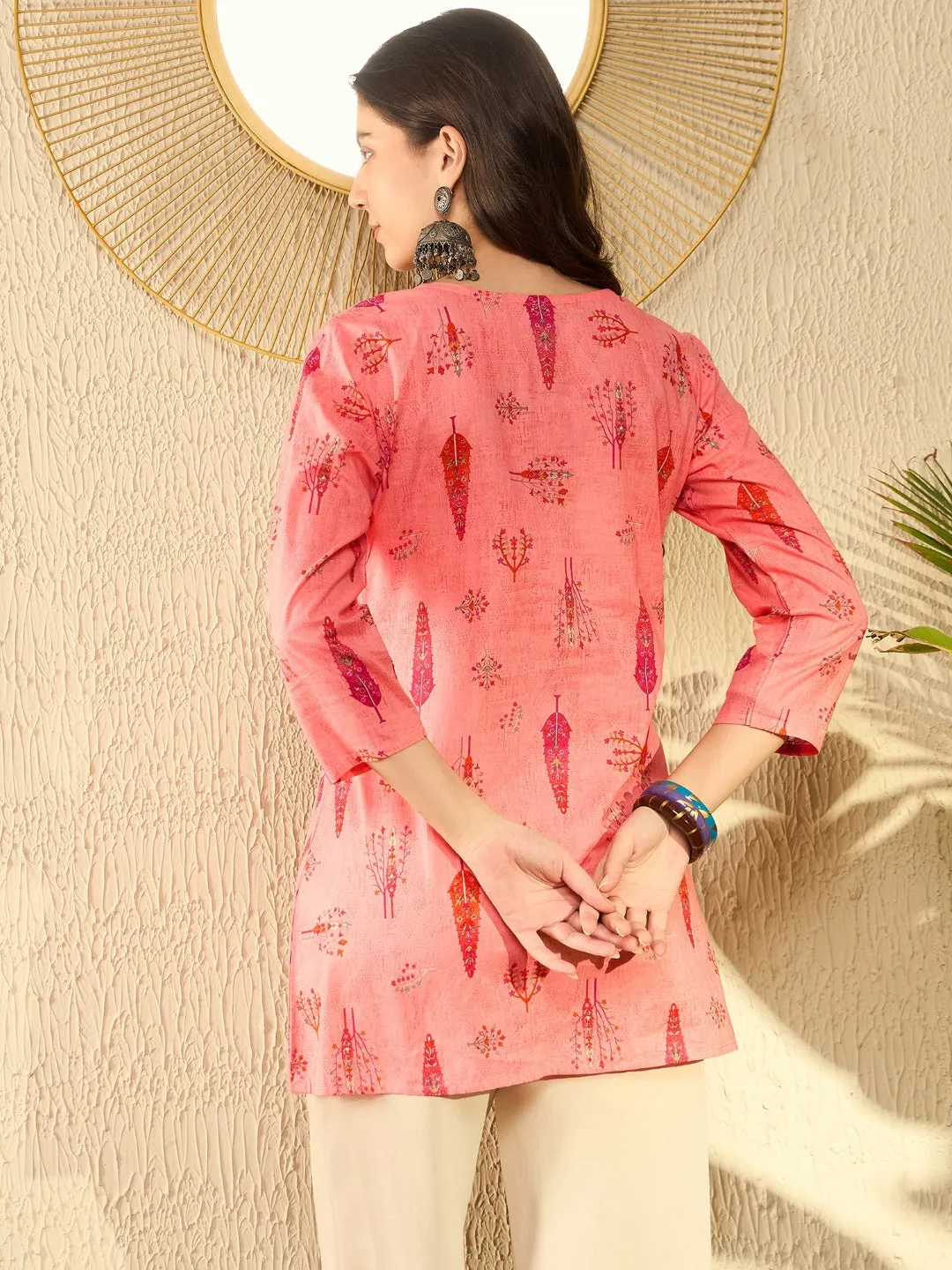 Women Pink Cotton Blend Floral Printed Peplum Tunic