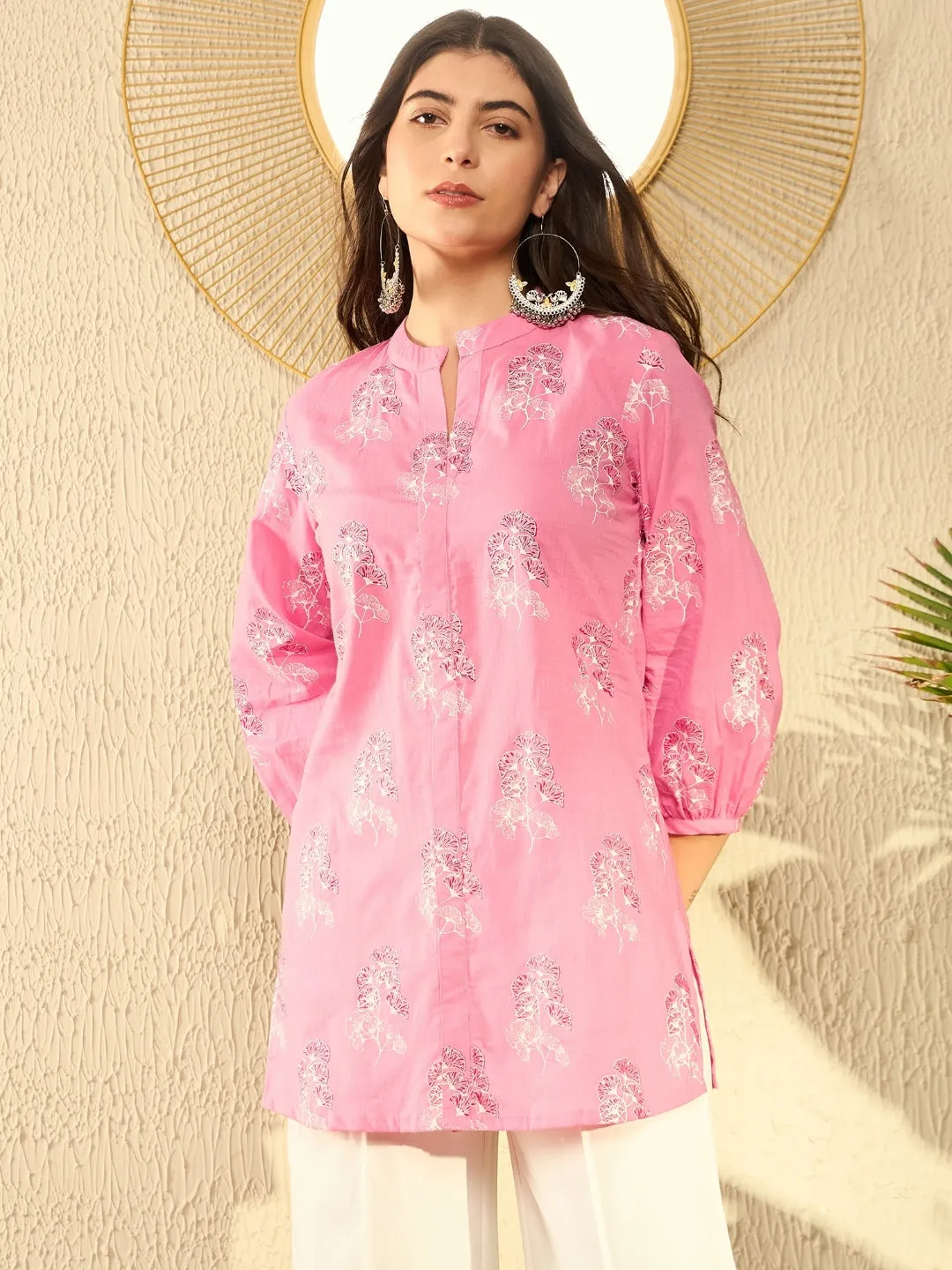 Women Pink Cotton Blend Floral Printed Regular Tunic