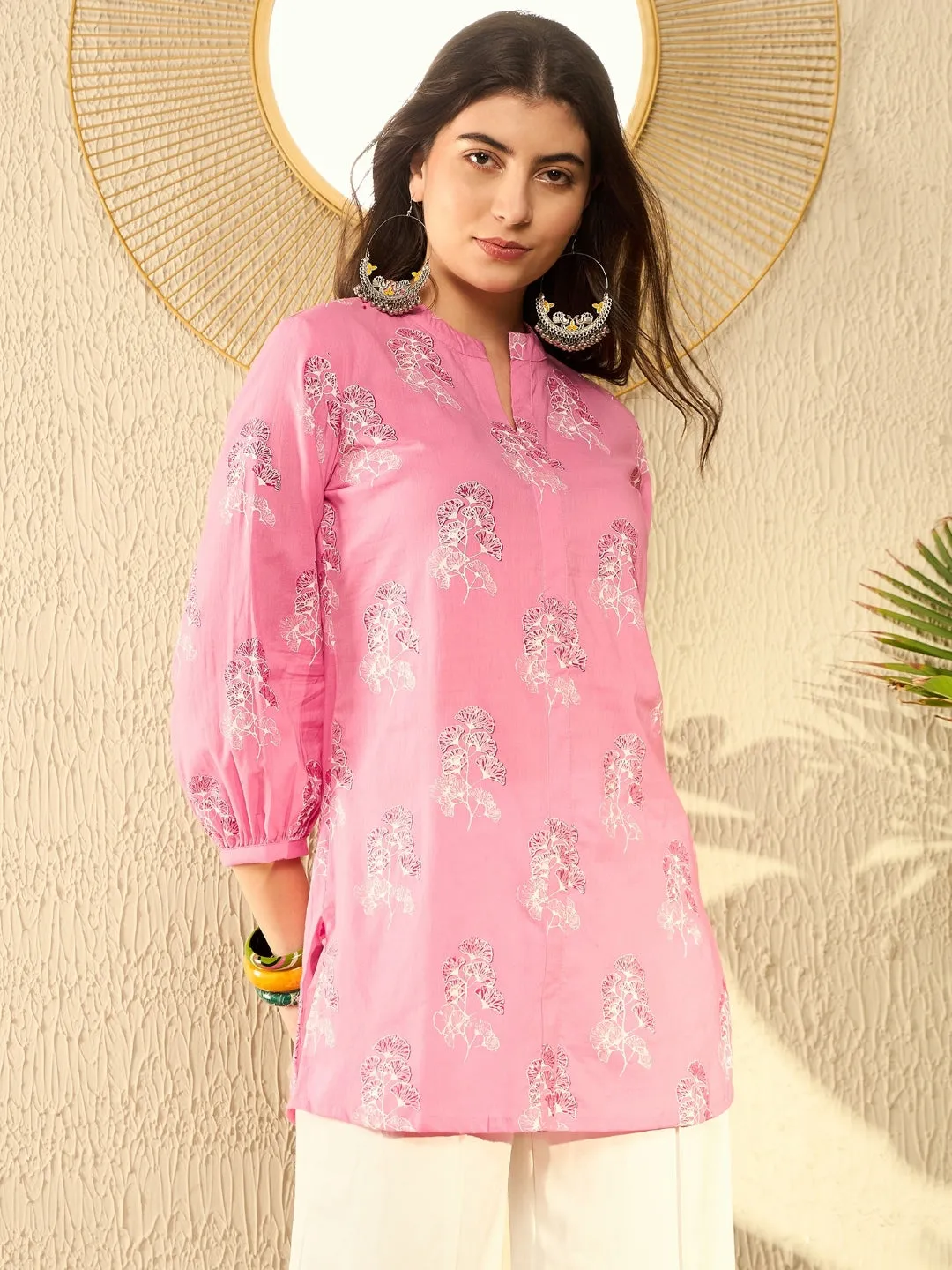 Women Pink Cotton Blend Floral Printed Regular Tunic