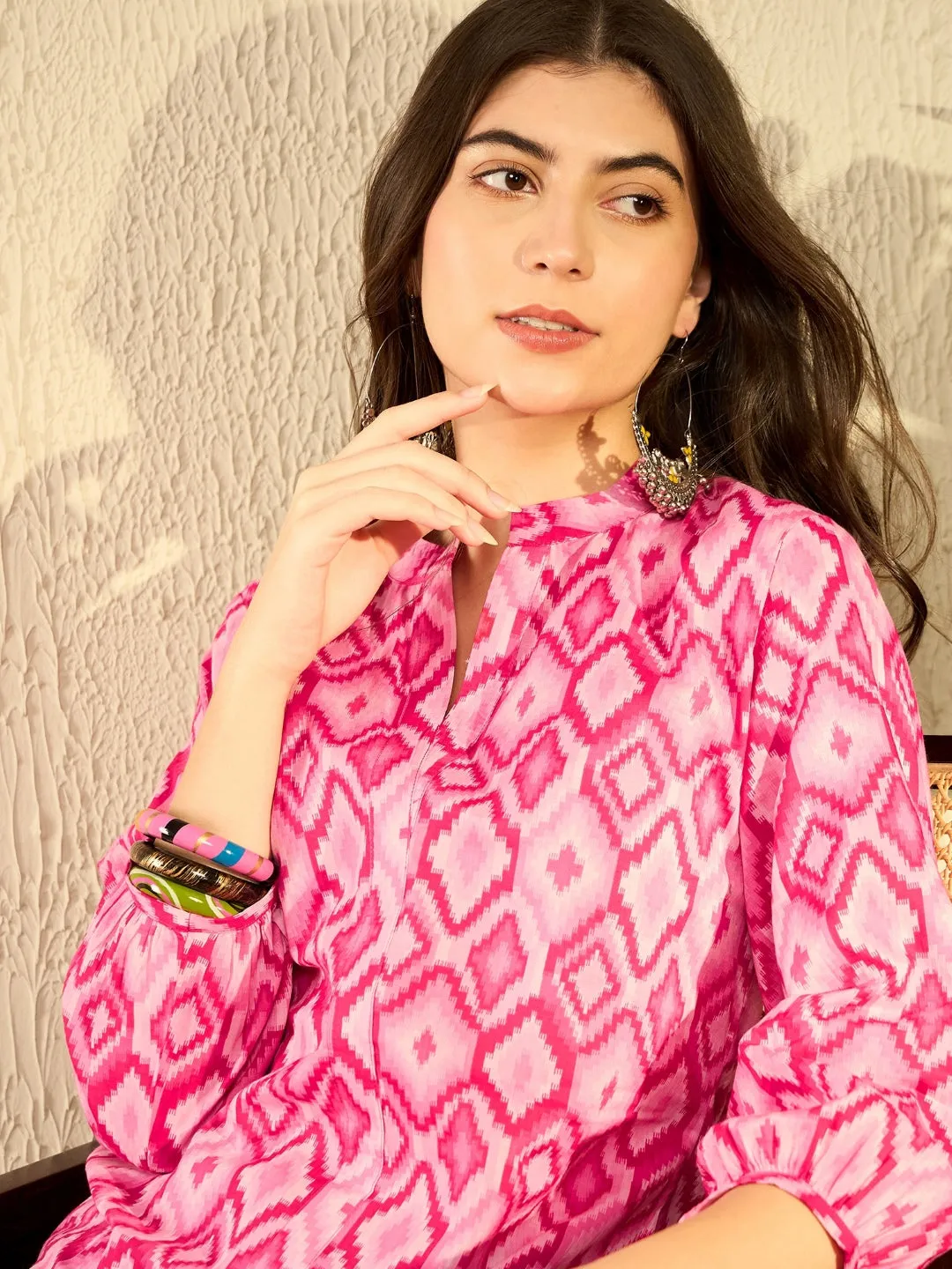 Women Pink Cotton Blend Ikat Printed Regular Tunic