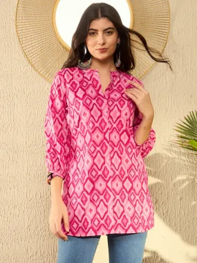 Women Pink Cotton Blend Ikat Printed Regular Tunic