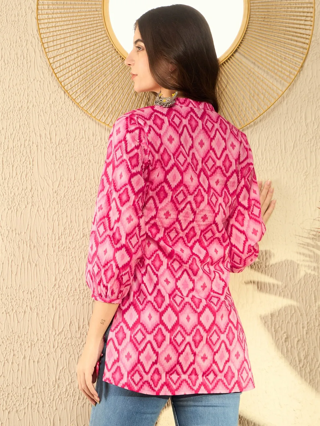 Women Pink Cotton Blend Ikat Printed Regular Tunic