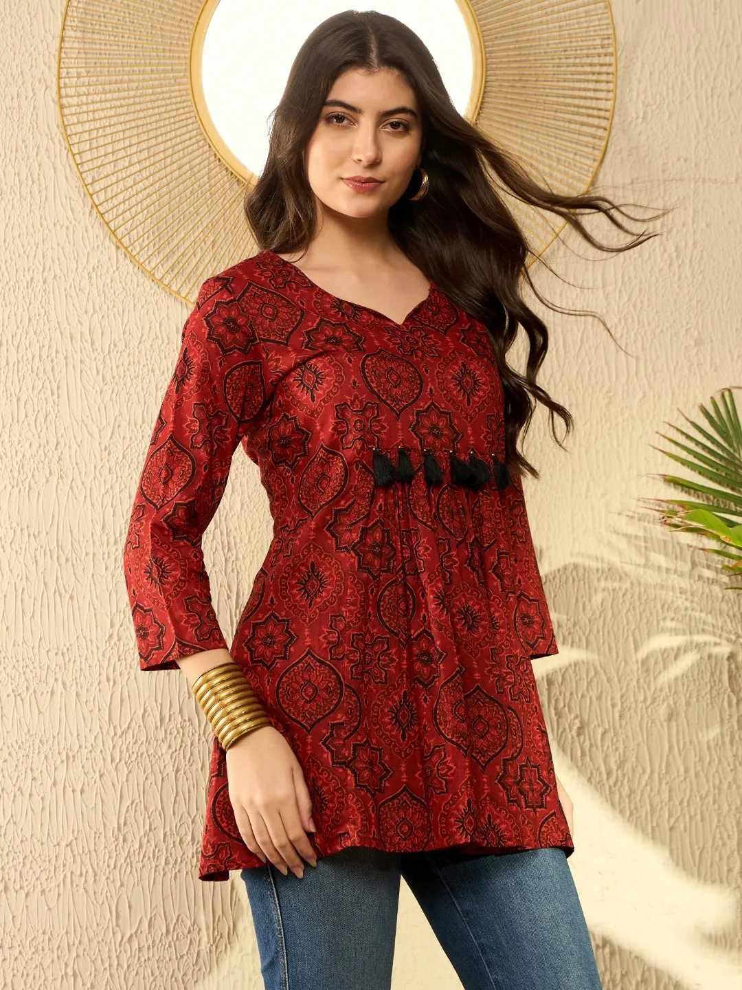 Women Red Cotton Blend Ajrakh Printed Peplum Tunic