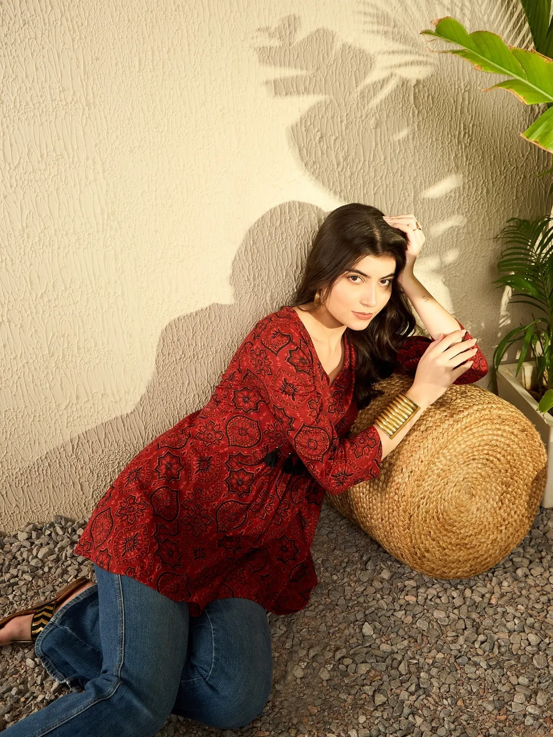 Women Red Cotton Blend Ajrakh Printed Peplum Tunic