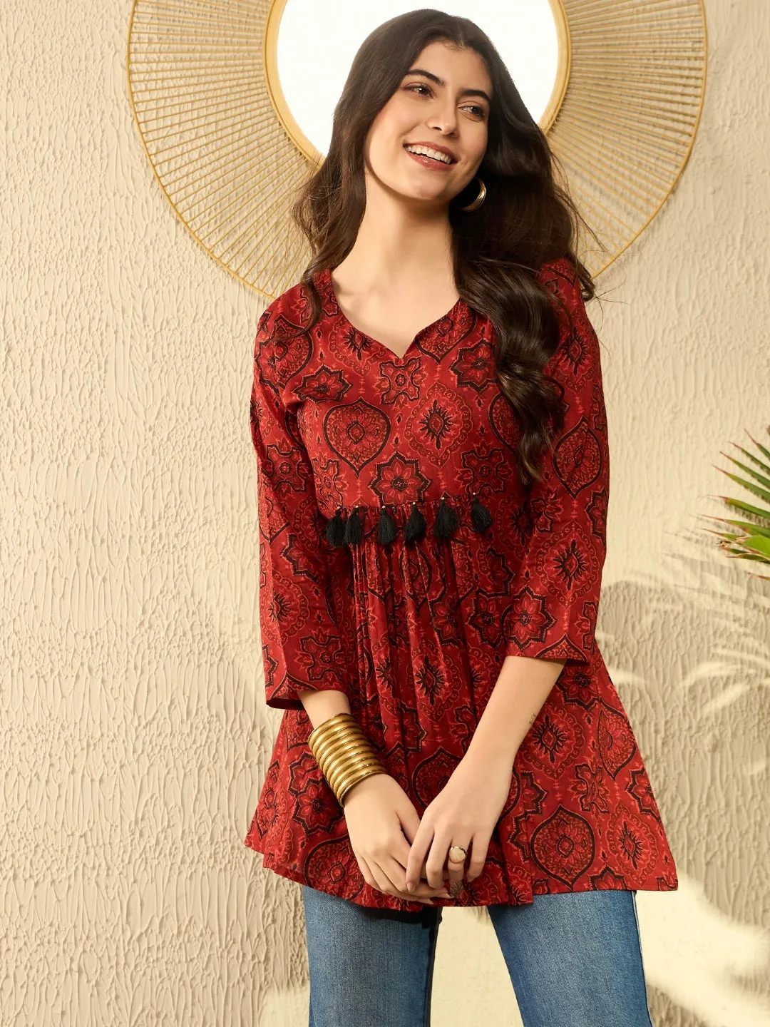 Women Red Cotton Blend Ajrakh Printed Peplum Tunic