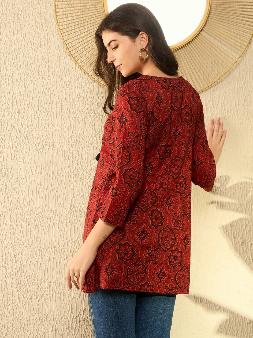 Women Red Cotton Blend Ajrakh Printed Peplum Tunic