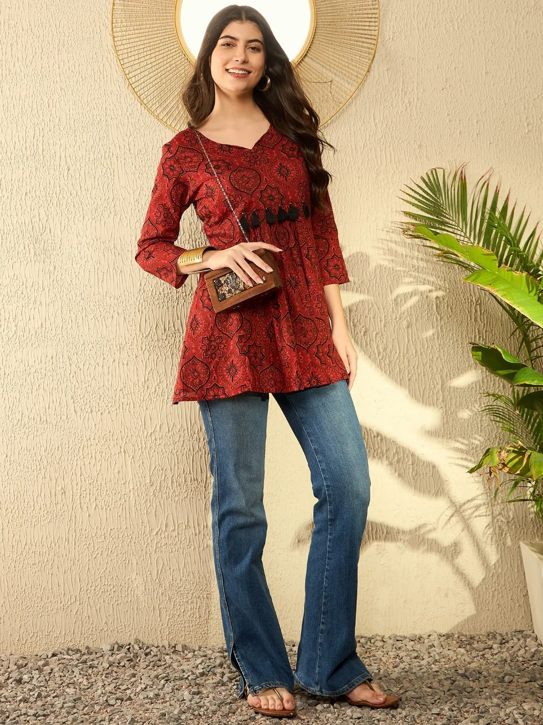 Women Red Cotton Blend Ajrakh Printed Peplum Tunic