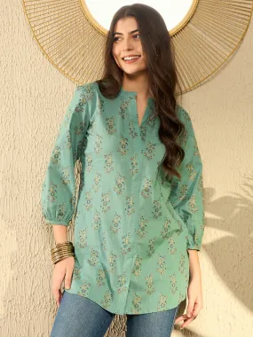 Women Sea Green Cotton Blend Floral Printed Regular Tunic