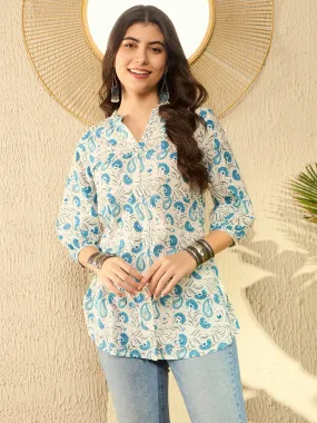 Women White Cotton Blend Ethnic Motifs Printed Regular Tunic