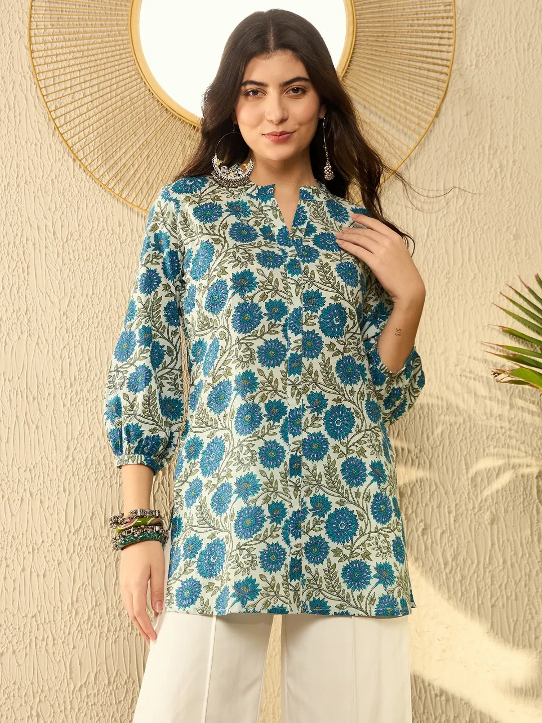 Women White Cotton Blend Floral Printed Regular Tunic