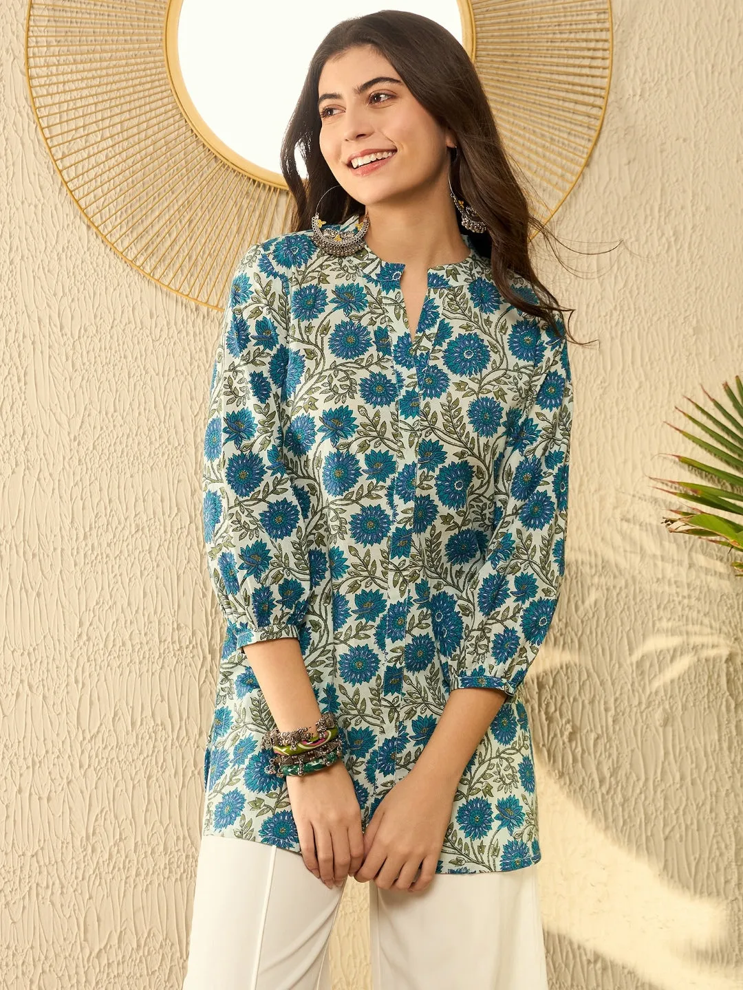 Women White Cotton Blend Floral Printed Regular Tunic