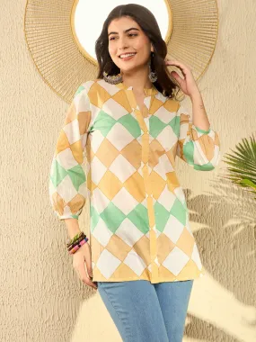 Women White Cotton Blend Geometric Printed Regular Tunic