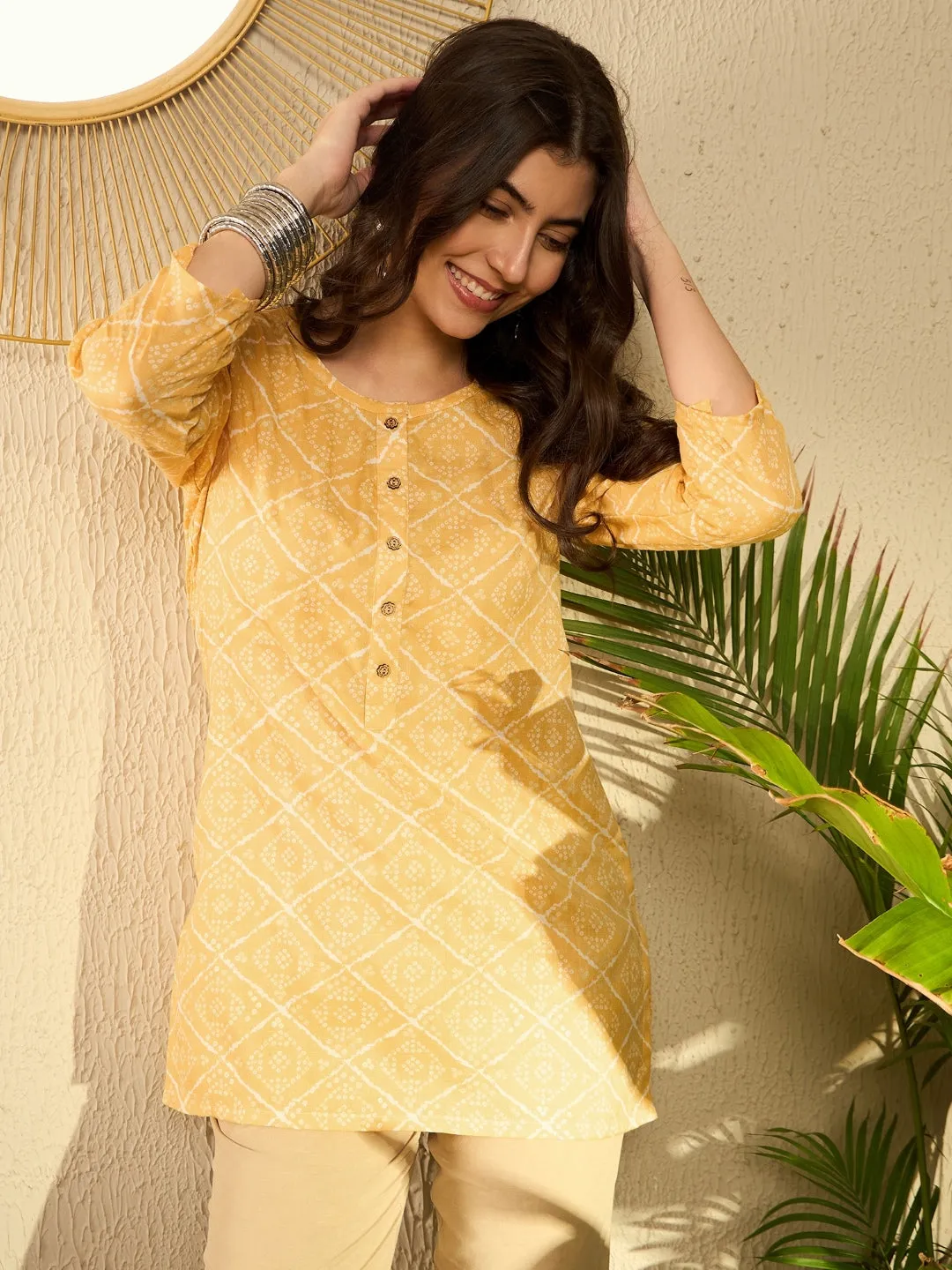 Women Yellow Cotton Blend Bandhani Printed Regular Tunic